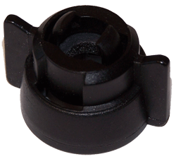 Black quick connect universal spray tip cap with EPDM O-Ring gasket.